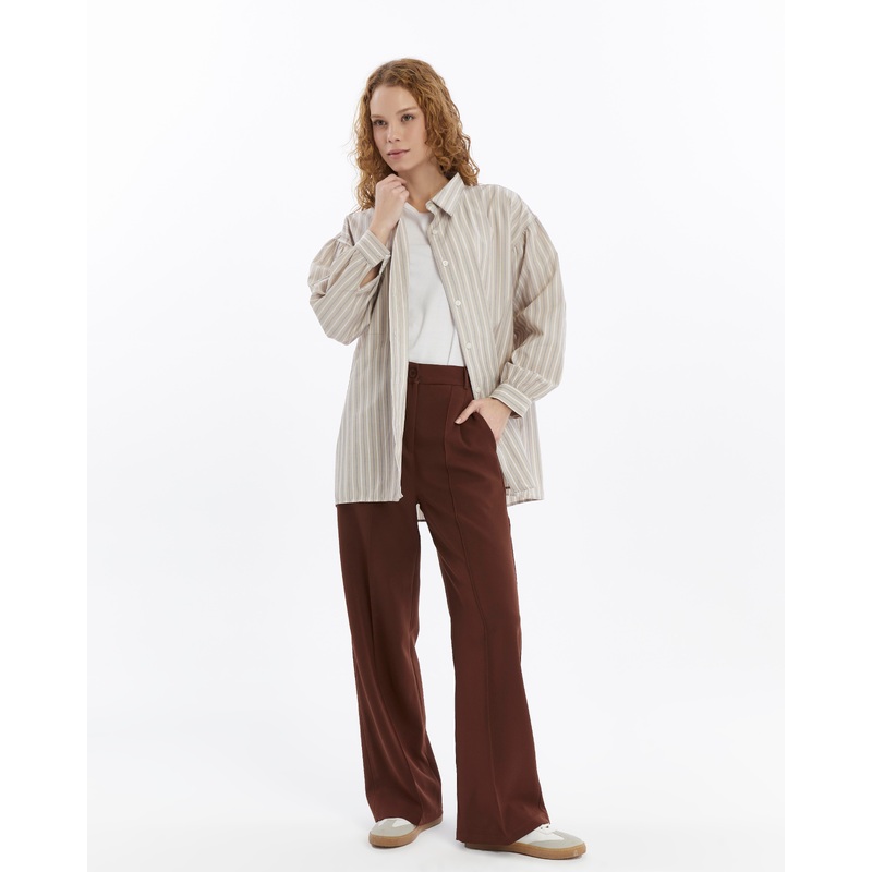 25010 Women's Double Crepe Grass Stitch Detailed Pocket Palazzo Trousers Brown