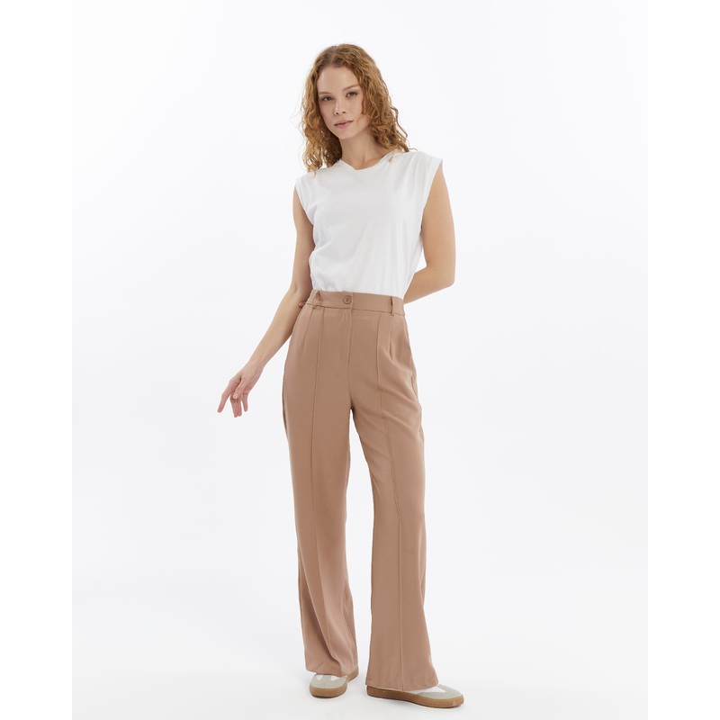 25010 Women's Double Crepe Grass Stitch Detailed Pocket Palazzo Trousers Mink