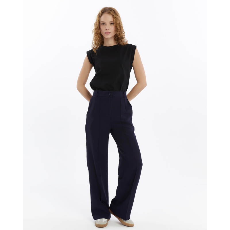 25010 Women's Double Crepe Grass Stitch Detailed Pocketed Palazzo Trousers Navy Blue