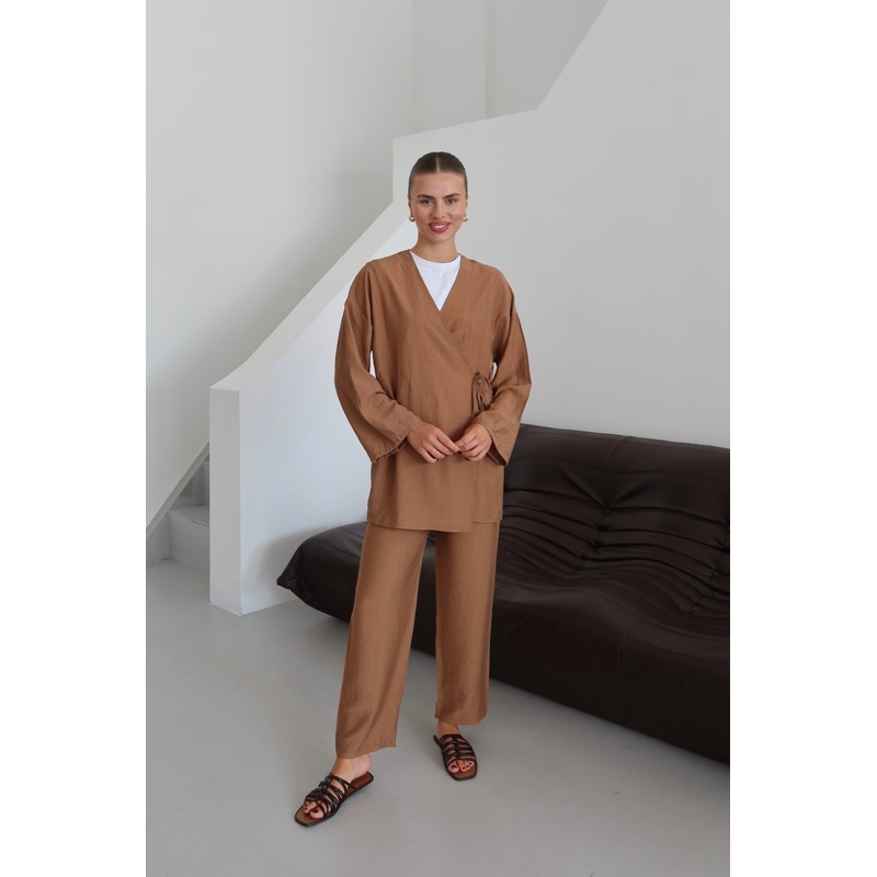 25041 Crinkle Textured Kimono Suit Brown