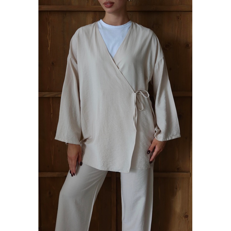 25041 Crinkle Textured Kimono Suit Mink