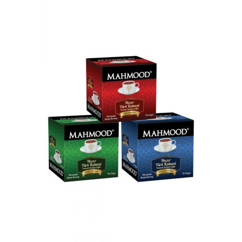 Mahmood Instant Turkish Coffee Plain 6 Gr And Medium 8 Gr And Sugary 9 Gr 12 Pieces X 3 Pieces
