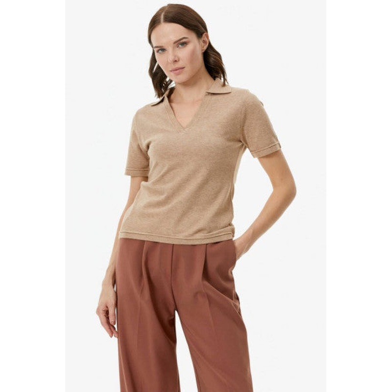 Polo Neck Short Sleeve Knitwear Sweater - Beige