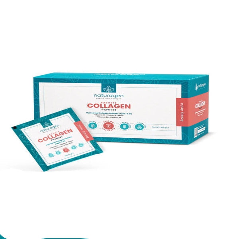 Naturagen Collagen Beauty 30 Sachets Peach Flavored Type 1 & Type 3 - 8.000 Mg Hydrolyzed Powder Collagen