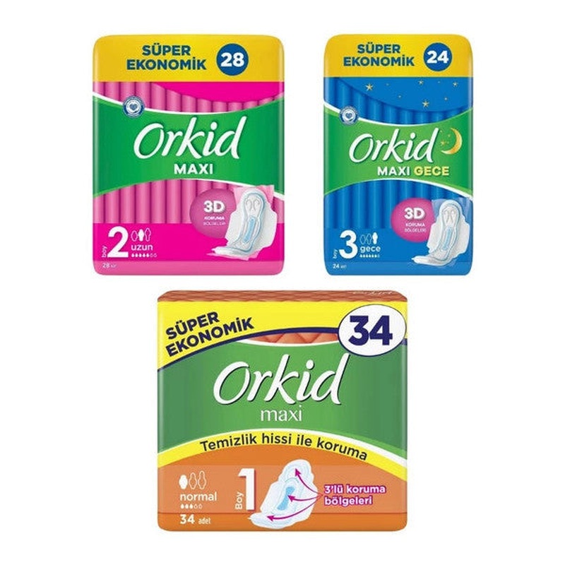 Orkid Maxi Long 28 Pieces + Orkid Maxi Night 24 Pieces + Orkid Maxi Normal 34