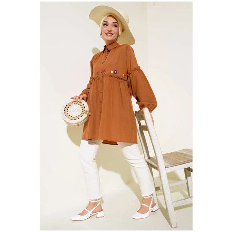 Pleated Floral Embroidered Shirt Tan