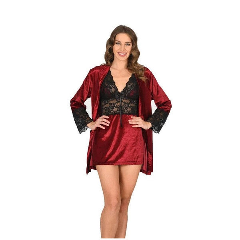 Sistina Women's Lace Burgundy Velvet Dressing Gown Nightgown Set 1445