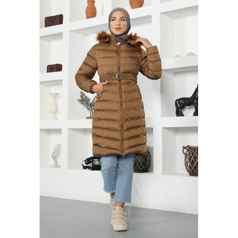 Fur Hooded Puffer Coat Tan 9467