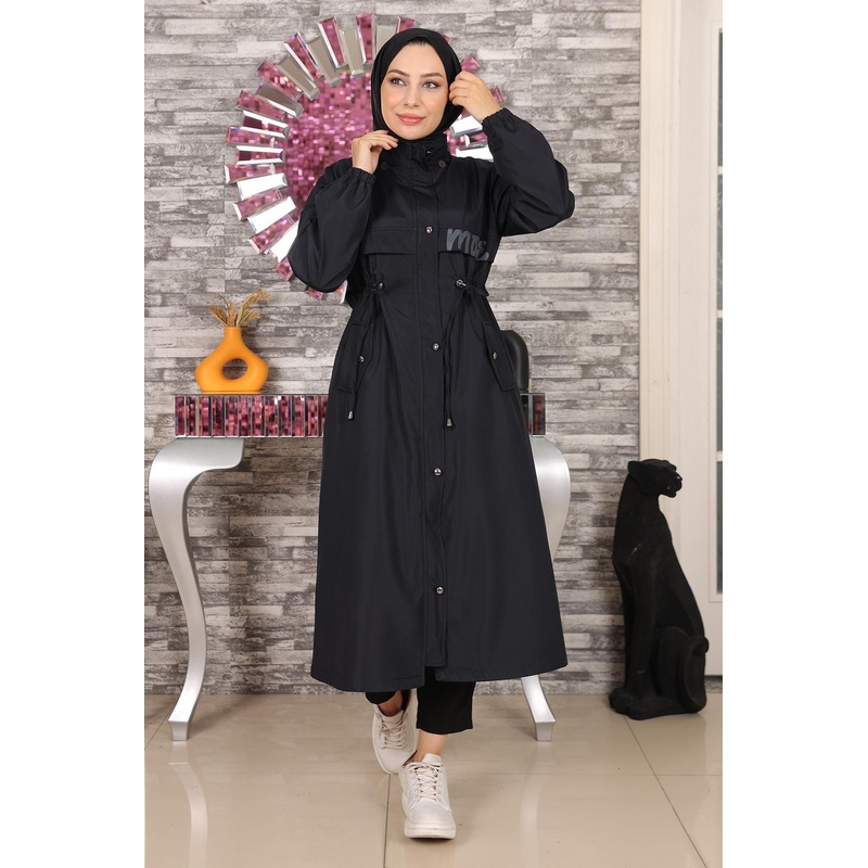 Hooded Coat With Text Detail Navy Blue 15900