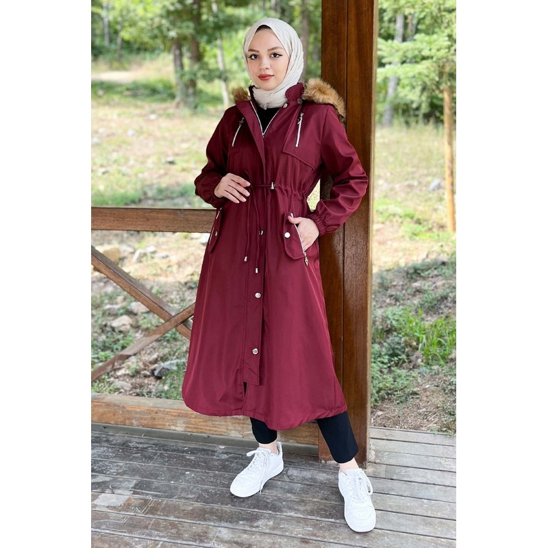 Hooded Zippered Coat Claret Red 10349