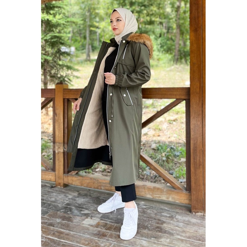 Hooded Zippered Coat Khaki 10349