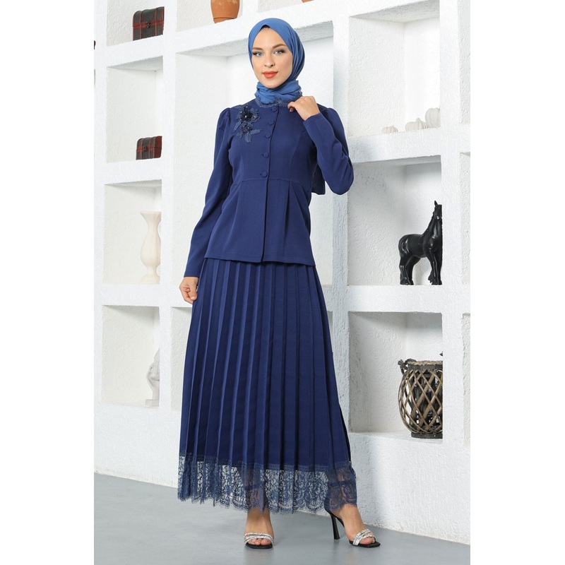 Lace Detailed Skirt Suit Indigo 17100