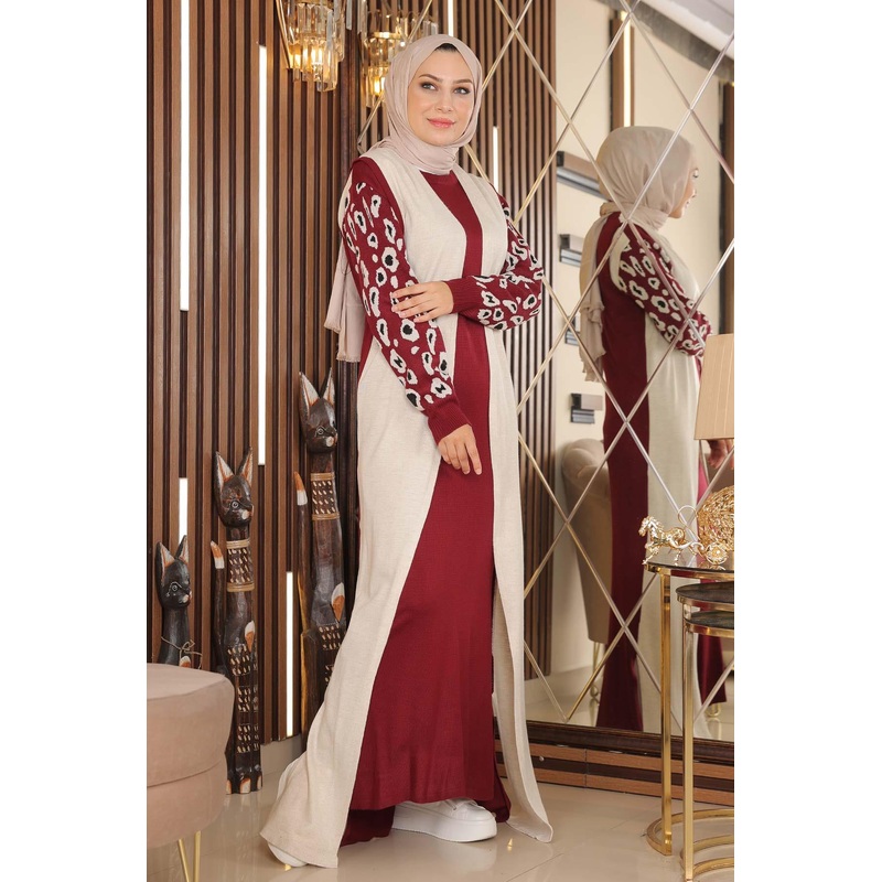 Patterned Sleeve Knit Dress Burgundy 2270-2