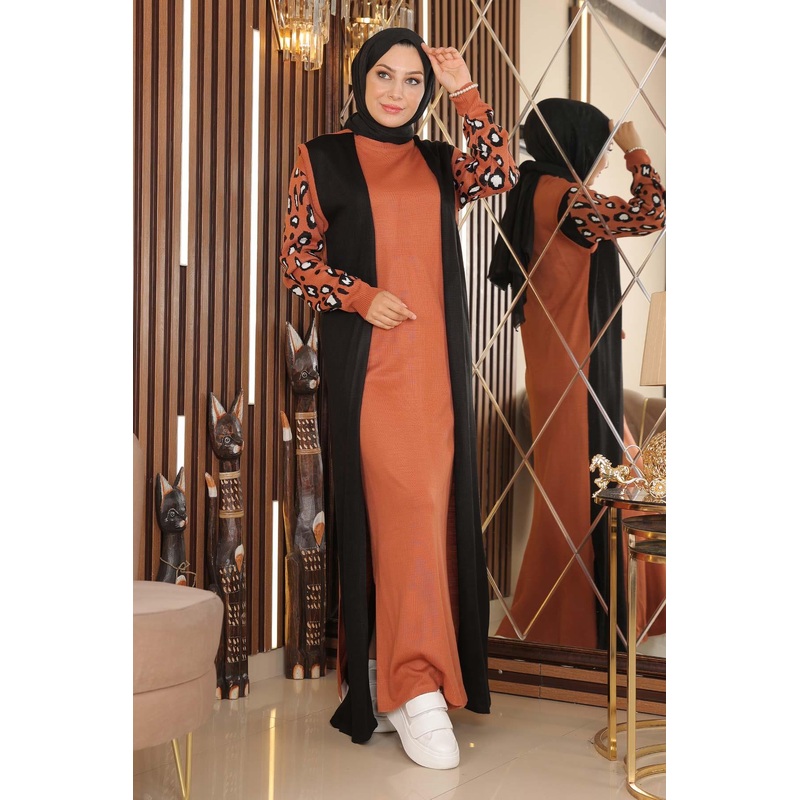 Patterned Sleeve Knit Dress Tan 2270-1