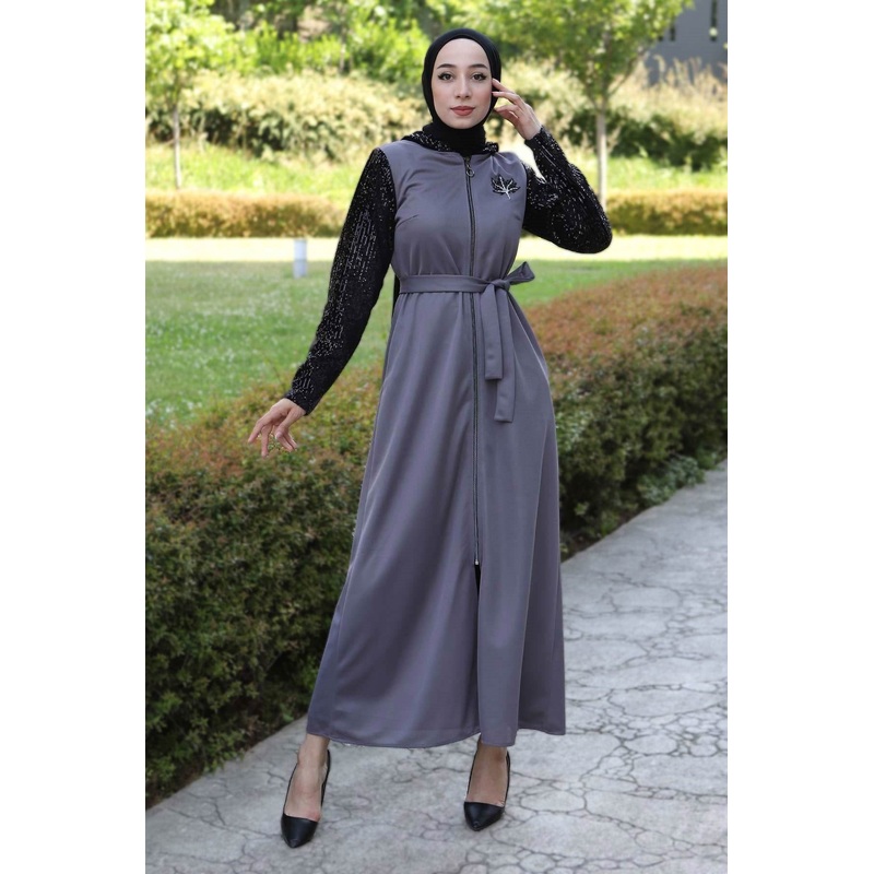 Sequin Detailed Abaya Anthracite 15200