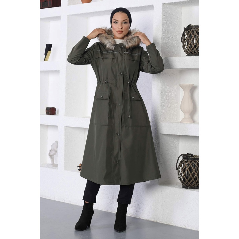 Stripe Detailed Coat Khaki 10360