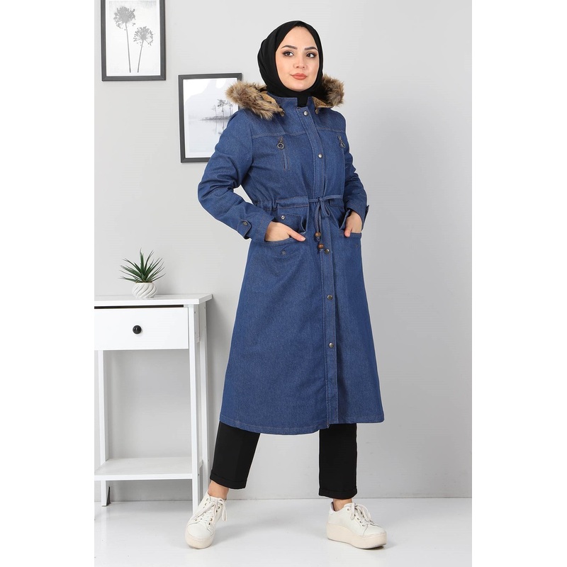 Zipper Detailed Denim Coat Blue 9735