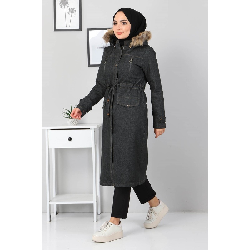 Zipper Detailed Denim Coat Smoke 9735