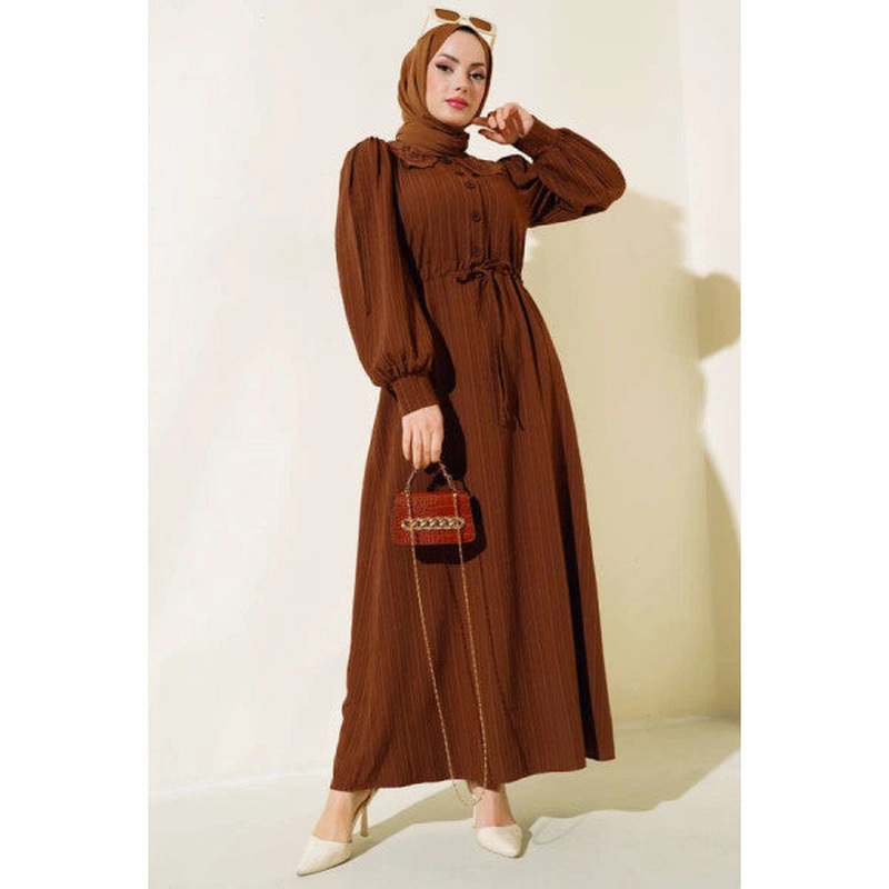 Collar Lace Waist Tunnel Dress Brown