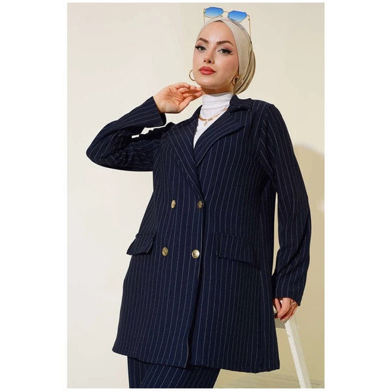 Striped Crepe Jacket Navy Blue