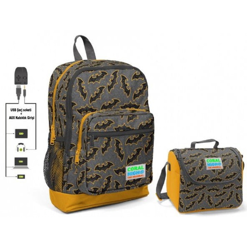Coral High Bat Printed School Bag and Lunchbox Set - Boy - With USB Socket