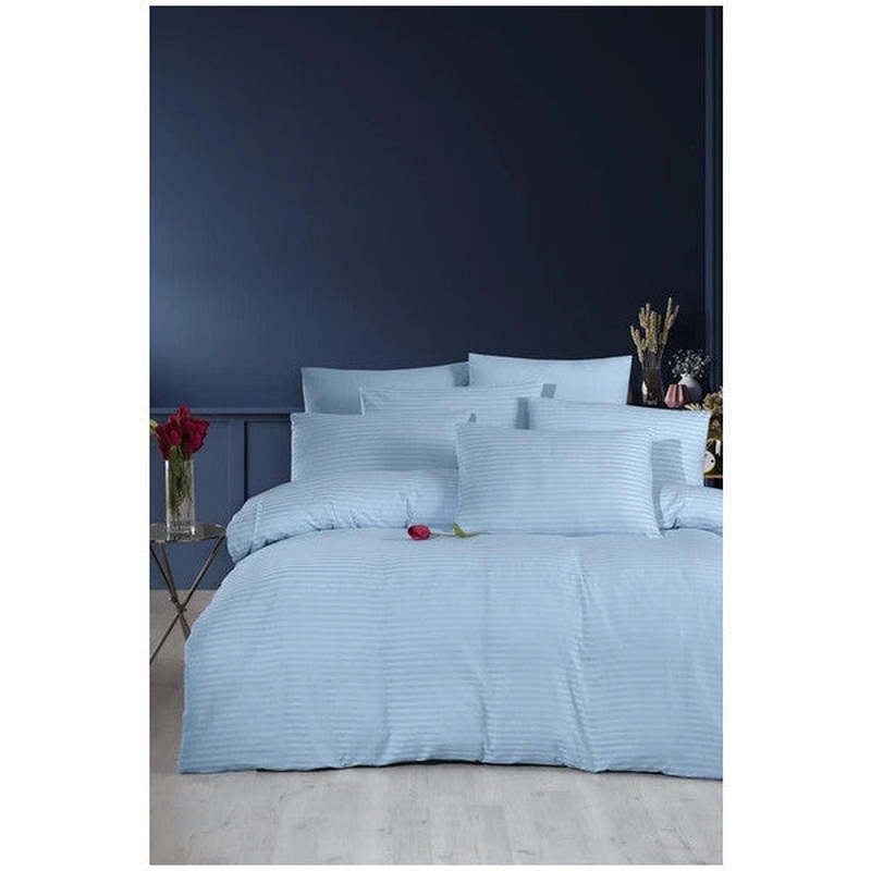 Double Duvet Cover Set With Fitted Sheet, Satin Blue