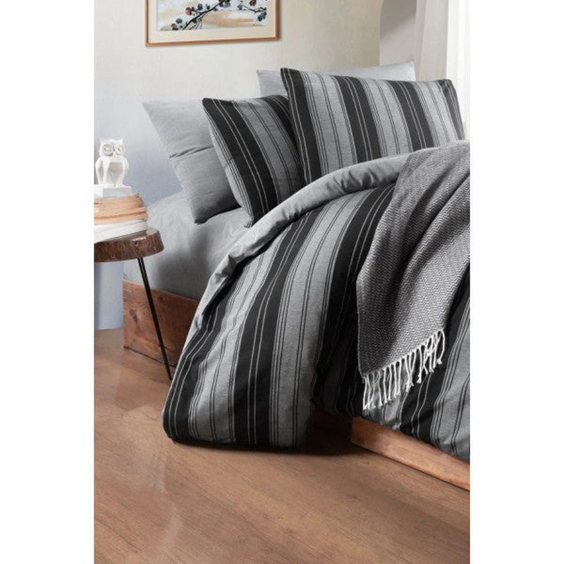 Double Duvet Cover Set With Fitted Sheet, Striped Black