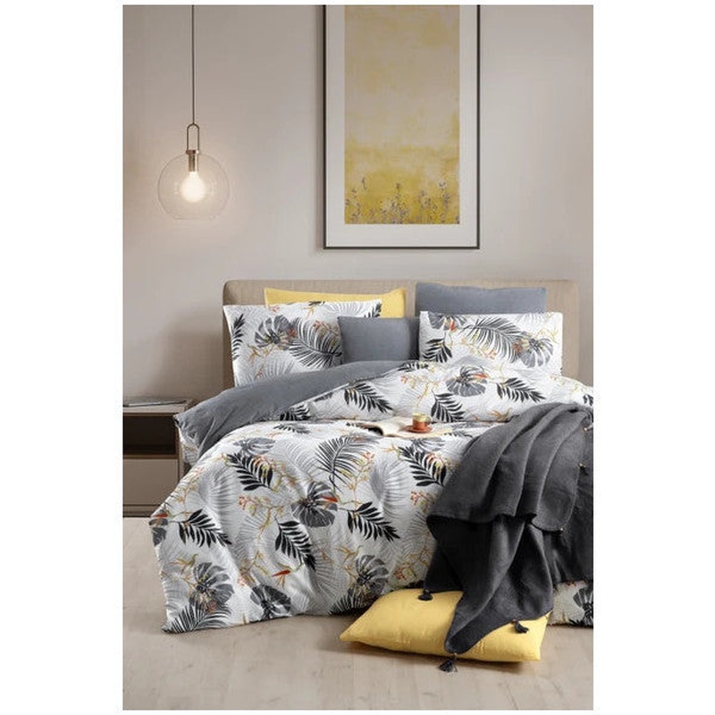 Monstera Gray Double Duvet Cover Set With Fitted Sheet