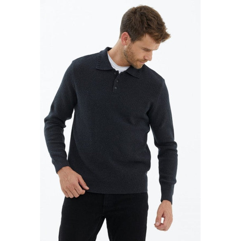 Polo Neck Buttoned Knitwear Sweater - Anthracite