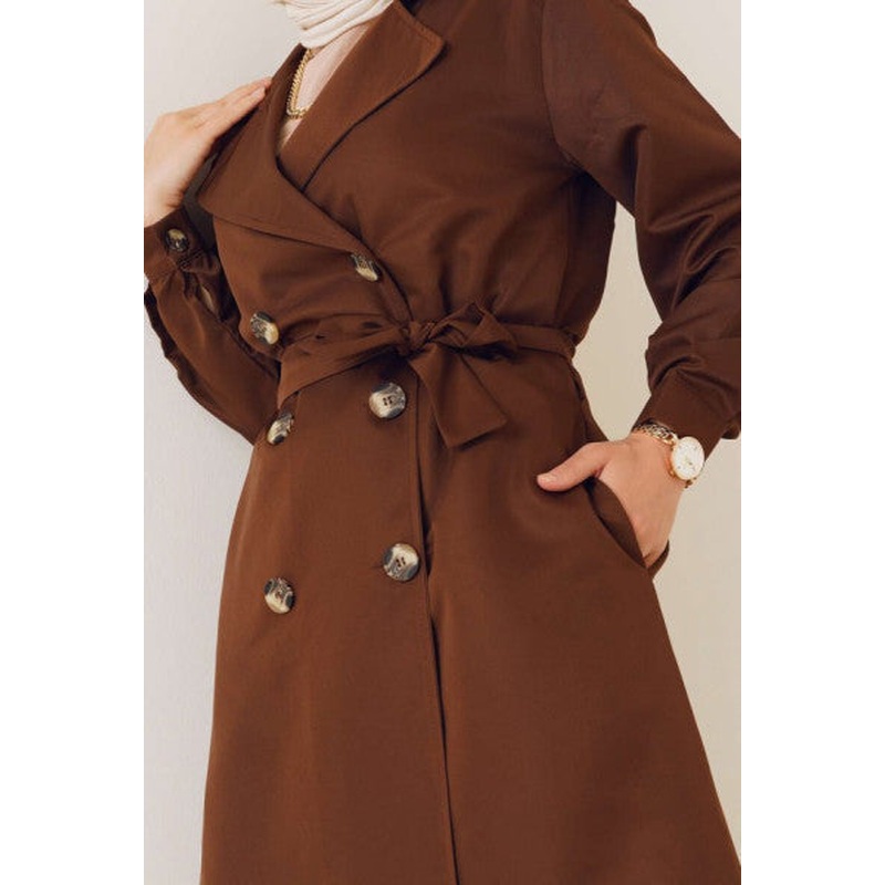 Three Buttons Double Breasted Collar Brown Trench Coat
