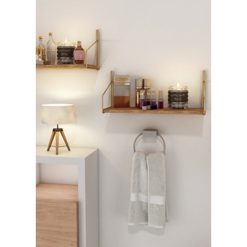 Wall Shelf  Solid Wood with Gold Stainless Steel Finish, Decorative Shelf for Kitchen, Bathroom, Living Room