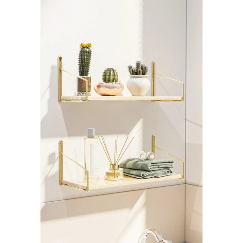 Wall Shelf  Solid Wood With Shiny Gold Plating, 2-Piece Luxury Decorative Bathroom And Kitchen Shelf Set