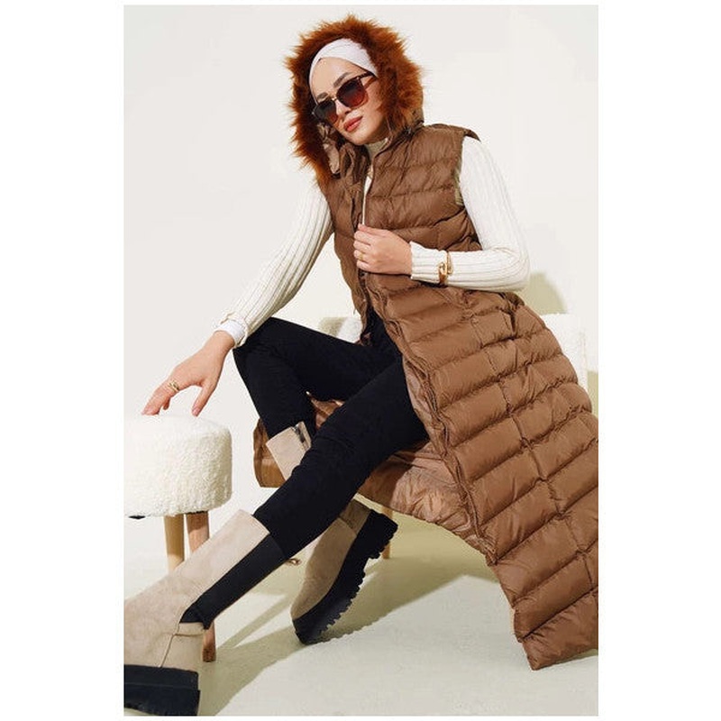 Zippered Fur Puffer Vest Chestnut