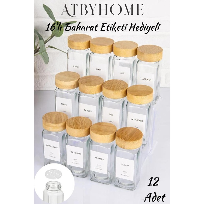 12 Piece Glass Spice Jar Set With Bamboo Lid 120 Ml