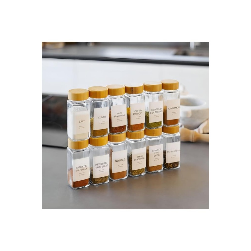 12-Piece Spice Jar With Bamboo Lid, Spice Shaker With Turkish Label