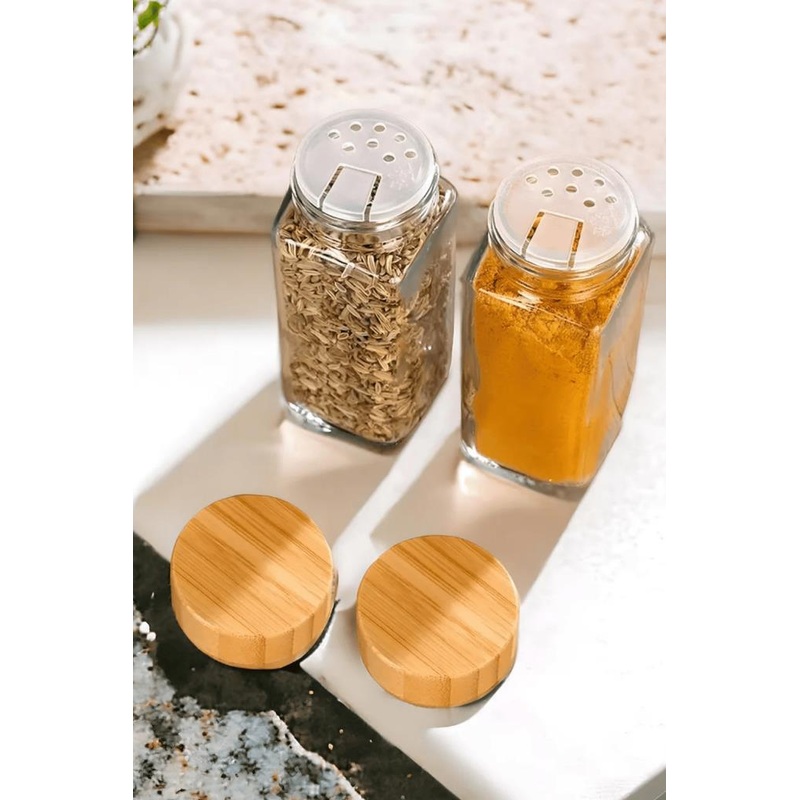 Glass Spice Jar Set With Bamboo Lid 12 Pieces - 16 Pieces With Label Gift