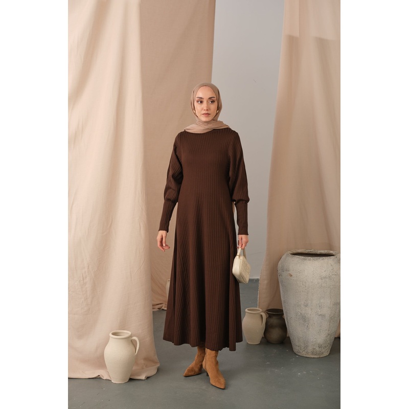 Self-Patterned Knit Dress  Brown