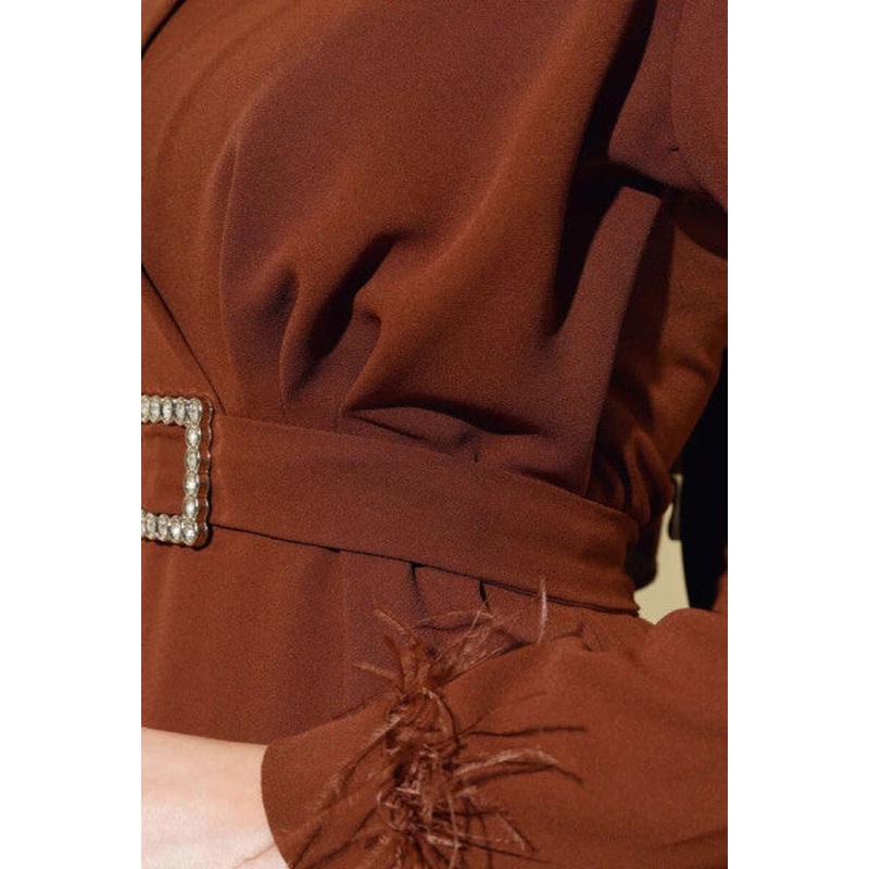 Belted Dress With Feather Sleeve End, Cinnamon