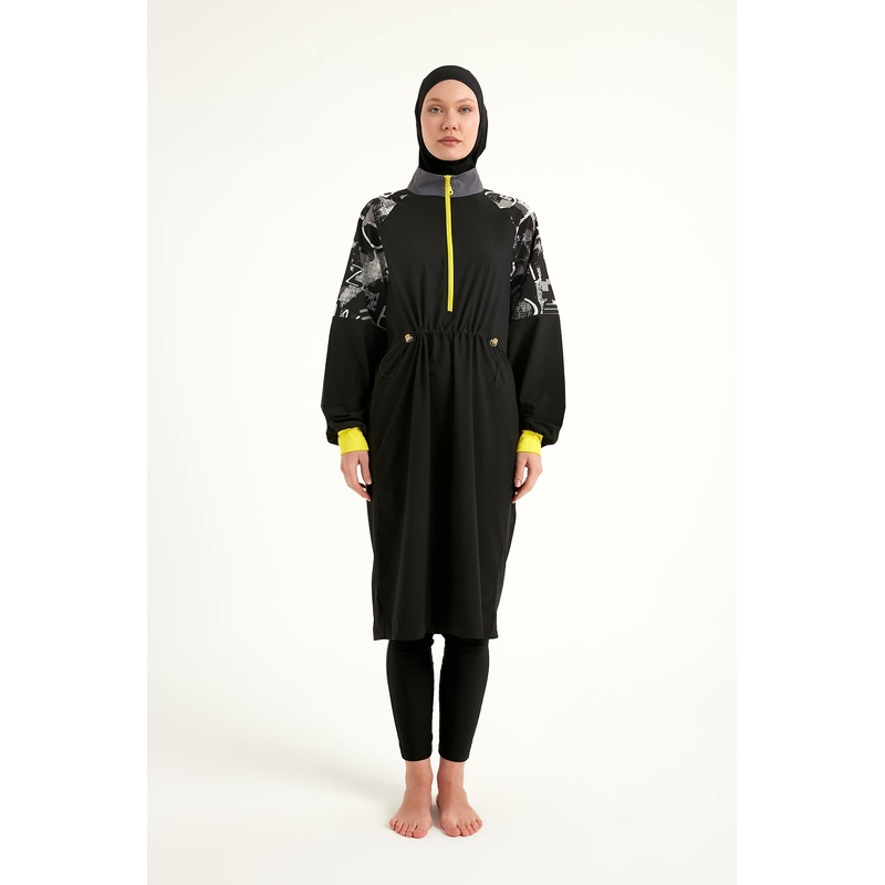 Black Full Coverage Modest Burkini With Sleeve Detail M2512