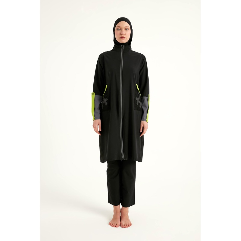 Black Full Coverage Modest Swimwear With Mesh Pocket  M2522