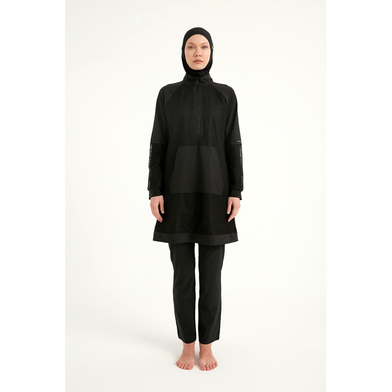 Black Tulle Detail Full Coverage Swimwear Burkini M2534-1