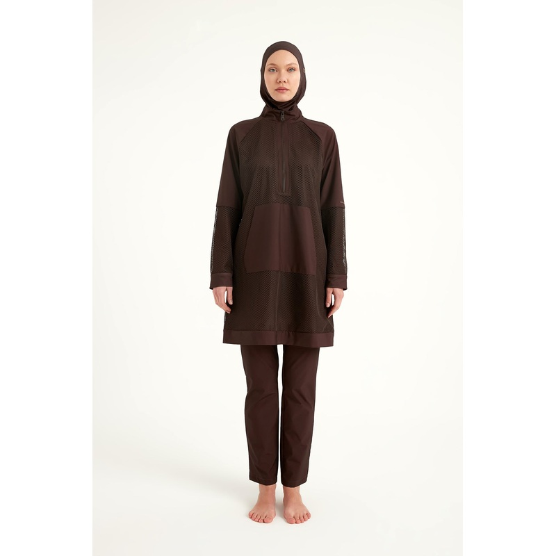 Brown Full Coverage Tulle Detail Modest Swimwear Burkini Set M2534-4