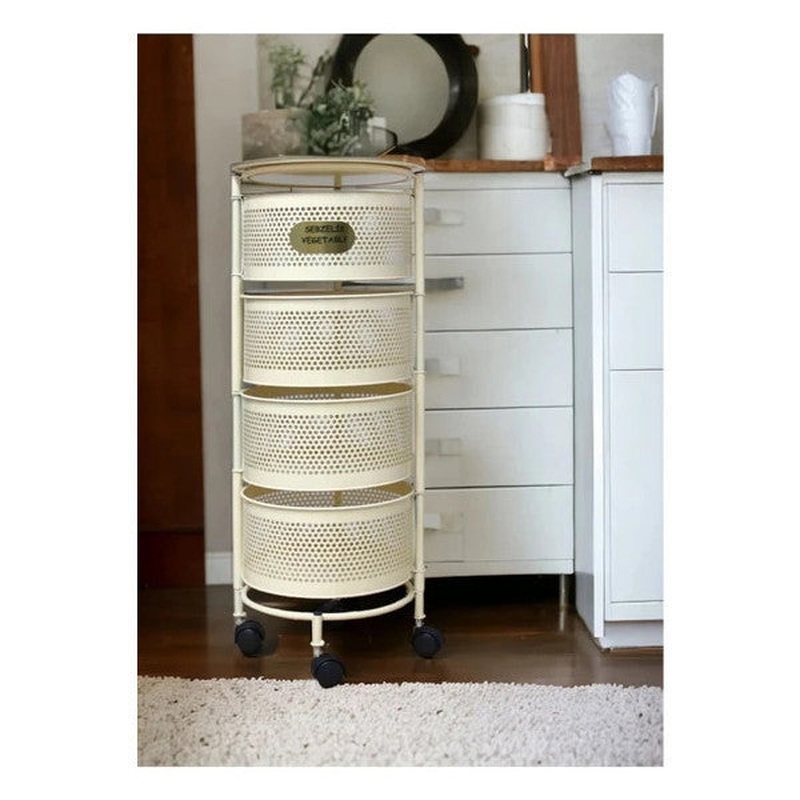 Cream 4-Tier Wheeled Vegetable Storage Rack  Side-Opening Basket Shelf For Potatoes & Onions