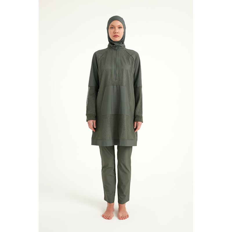 Khaki Full Coverage Tulle Detail Modest Swimwear Burkini Set M2534-3