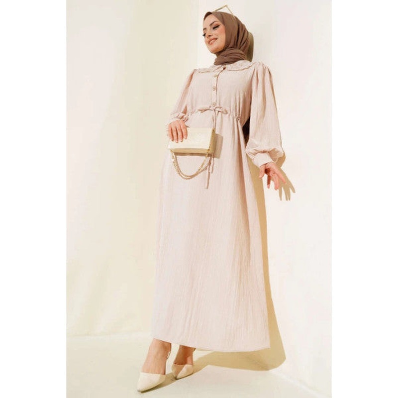 Lace Collar Waist Tunnel Dress Beige