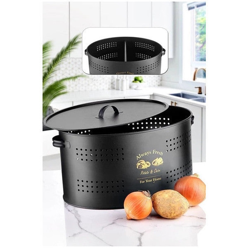 Luxury Compartmented Black Metal Potato And Onion Rack 6 Lt Vegetable Storage Container And Onion Bucket