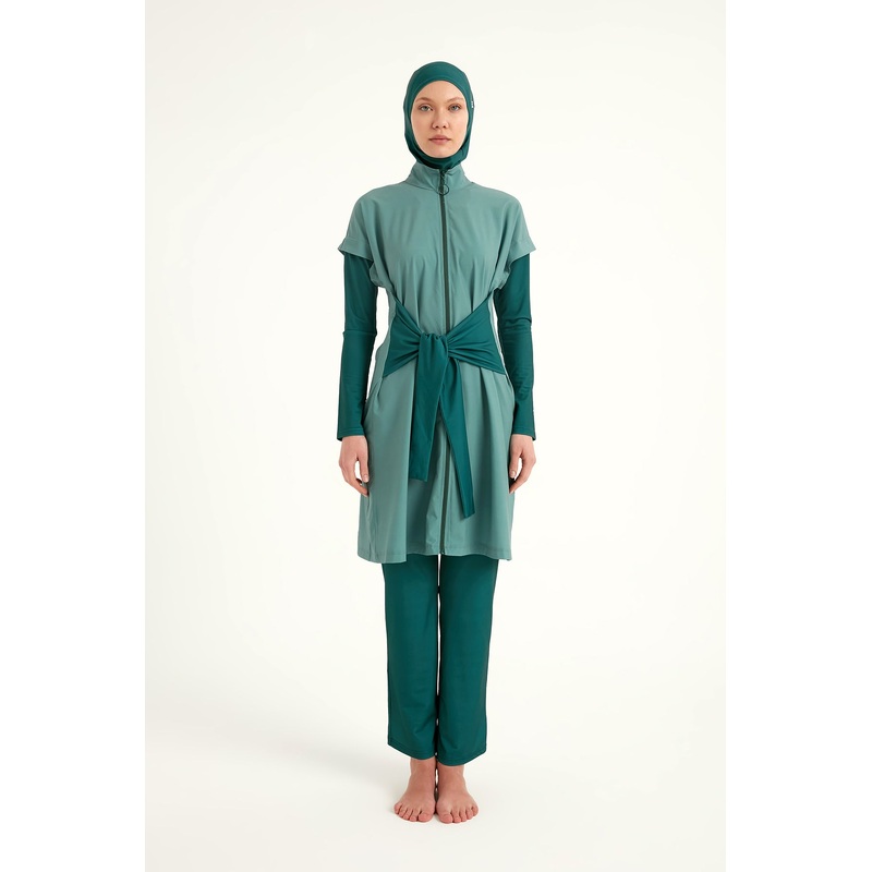 Olive Modest Burkini Set  High Collar Full Coverage Swimwear M2523-1