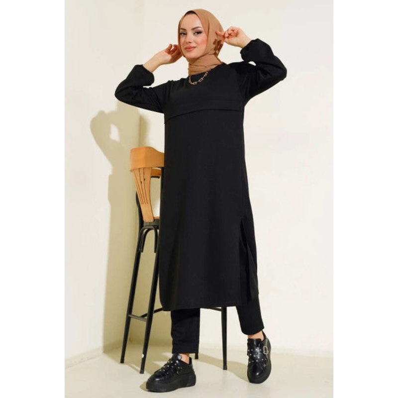 Slit Long Double Suit Black