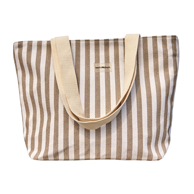 Beige Striped Cotton Beach Bag With Zipper Ca2503-1