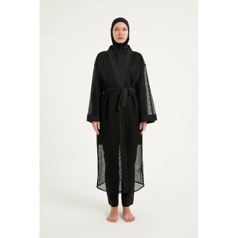 Black Full Coverage Mesh Kimono  Lightweight Islamic Beach Cover-Up P2501-1